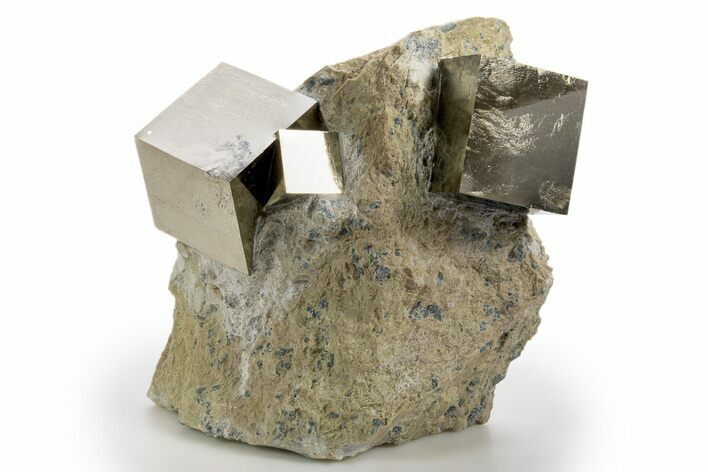 Three Shiny Natural Pyrite Cubes in Rock - Navajun, Spain #325109